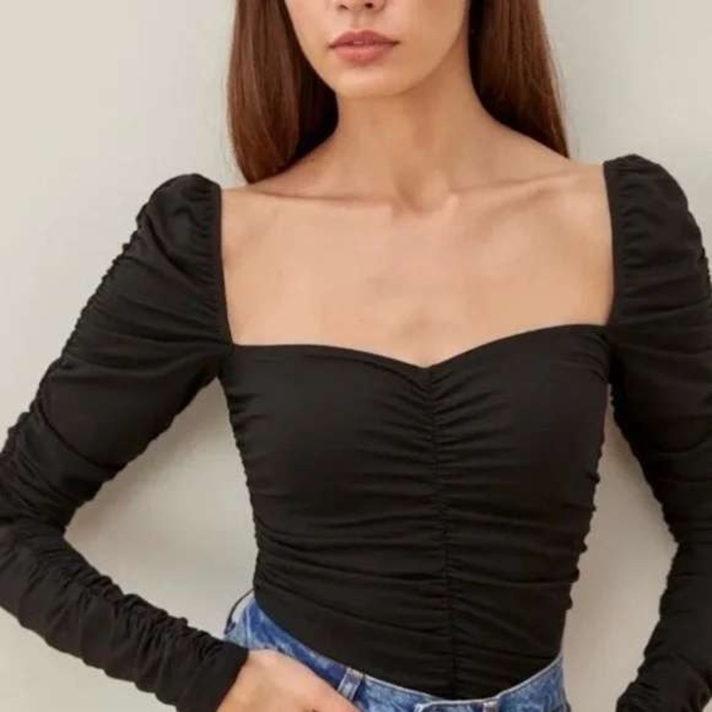 Reformation Esra Queen Ann Neck Knit‎ Top Black Women's Size XL NEW